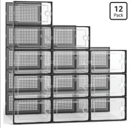 12 Pack Large Shoe Boxes, Clear Stackable Containers with Lids,Black
Shoe organizers for closet & entryway, under-bed,Drop-front design fits women's s