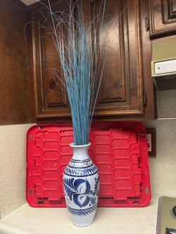 Blue and White Decorative Vase with Stems