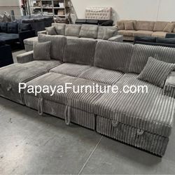 New! Great deal! 120” Ultra Large Sectional Sofa Bed, Double Chaise Sectional, Super Comfort Corduroy Couch, Sectional, Sofa, Couch, U-Shaped Couch, S