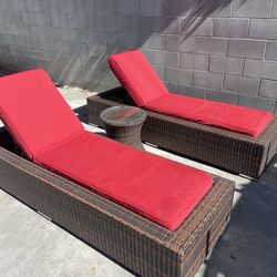 Luxury Outdoor Wicker Chaise Lounge Set (2) + Table – Red Cushions – Excellent Condition