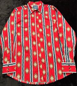 Men XL Vintage Wrangler Western LS Shirt Red Aztec Tribal Stripe Pearl Snap