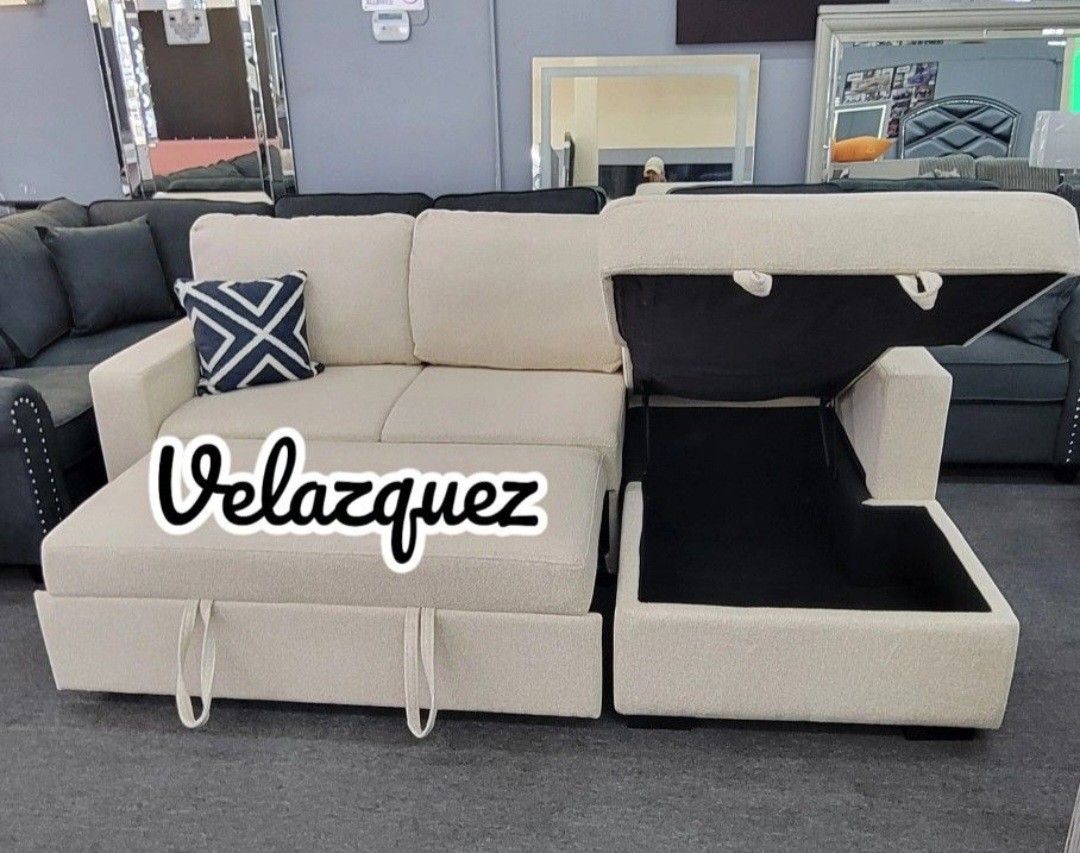 ✅️✅️2 pc Beige boucle fabric sectional sofa with pop up sleep area and storage chaise drop down tray table wireless charging✅️✅️