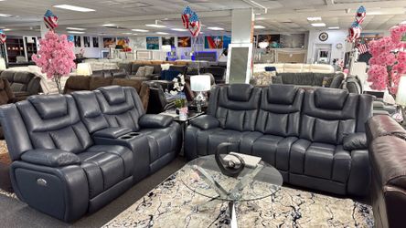 Extended 4th of July Sale! Pwr Reclining Real Leather Sofa&Loveseat, available in black or navy blue!!