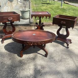 Antique solid mahogany (numbered) end tables and coffee tables with marble tops for sale 250 each or best offer gently used