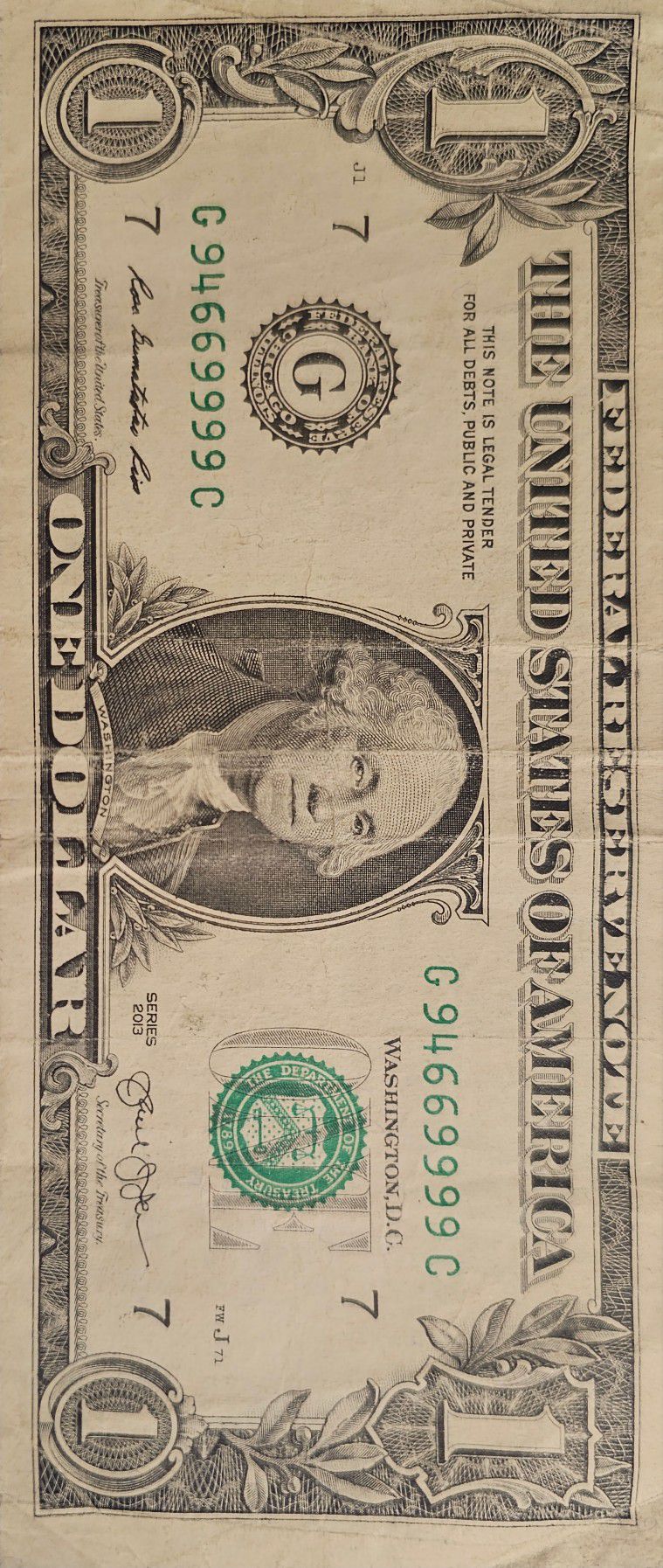 Fancy serial number (contact info removed)9, 2013, 1 dollar bill, solid quad of 9's. 