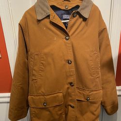 Gently Worn Ladies Size Large Lands End Brown Barn Coat with Leather Collar and Quilt Lined
