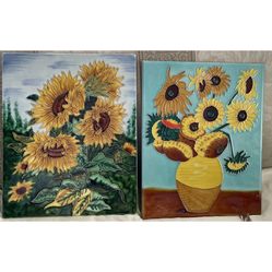 2X Vtg LARGE Decorative Ceramic Hanging  Tile Yellow Sunflowers Van Gogh Plaque