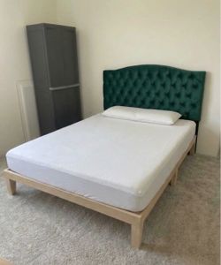 Queen Bed Frame with Green Tufted Headboard and mattress