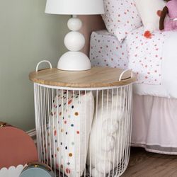 Kids Storage Wire Basket With Wooden Lid 