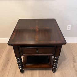 26” Tall Two Tier Solid Wood Grain End Table w/ Dovetail Drawer & Cane Shelf