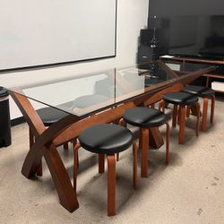 Long Wooden Glass Tables with Stools