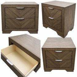 Modern Chevron Wood Nightstand / End Table – 2 Drawer Storage, Designer