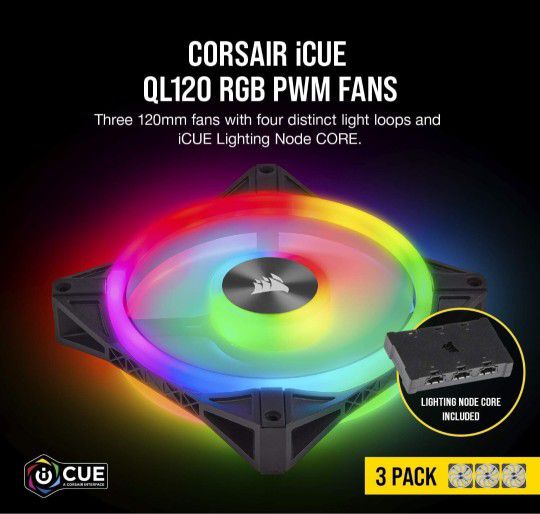 Corsair QL Series, Ql120 RGB, 120mm RGB LED Fan, Triple Pack with Lighting Node Core, Black, Compatible with Desktop

