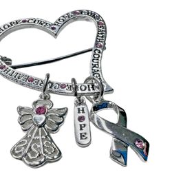 Breast cancer survivor awareness silver and pink brooch.  Hope cure faith courage 