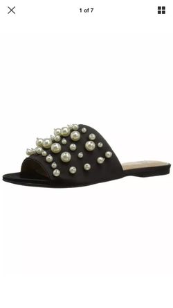 The Fix Women's Faris Flat Slide Sandal with Pearls, Black Satin, Size 7.5 B(M)