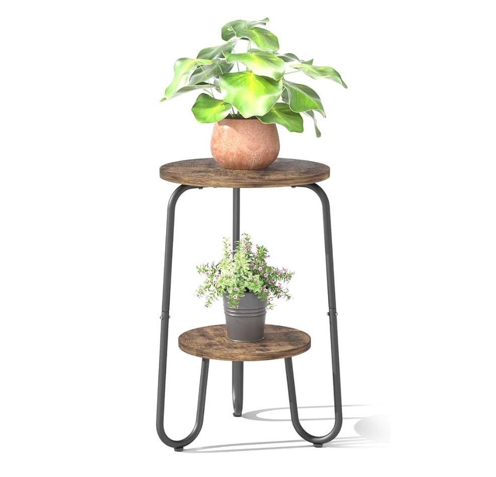 2 Tier Wood Plant Stand Indoor, Small Round Flower Pot Stand, 19.6" Tall Single Plant Holder for Living Room, Balcony, Rustic Brown End Side Table(Rus