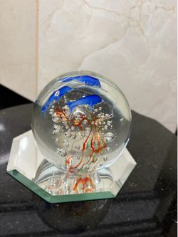 Vintage Murano-Style Art Glass Aquarium Paperweight circa 1980s with Dolphins