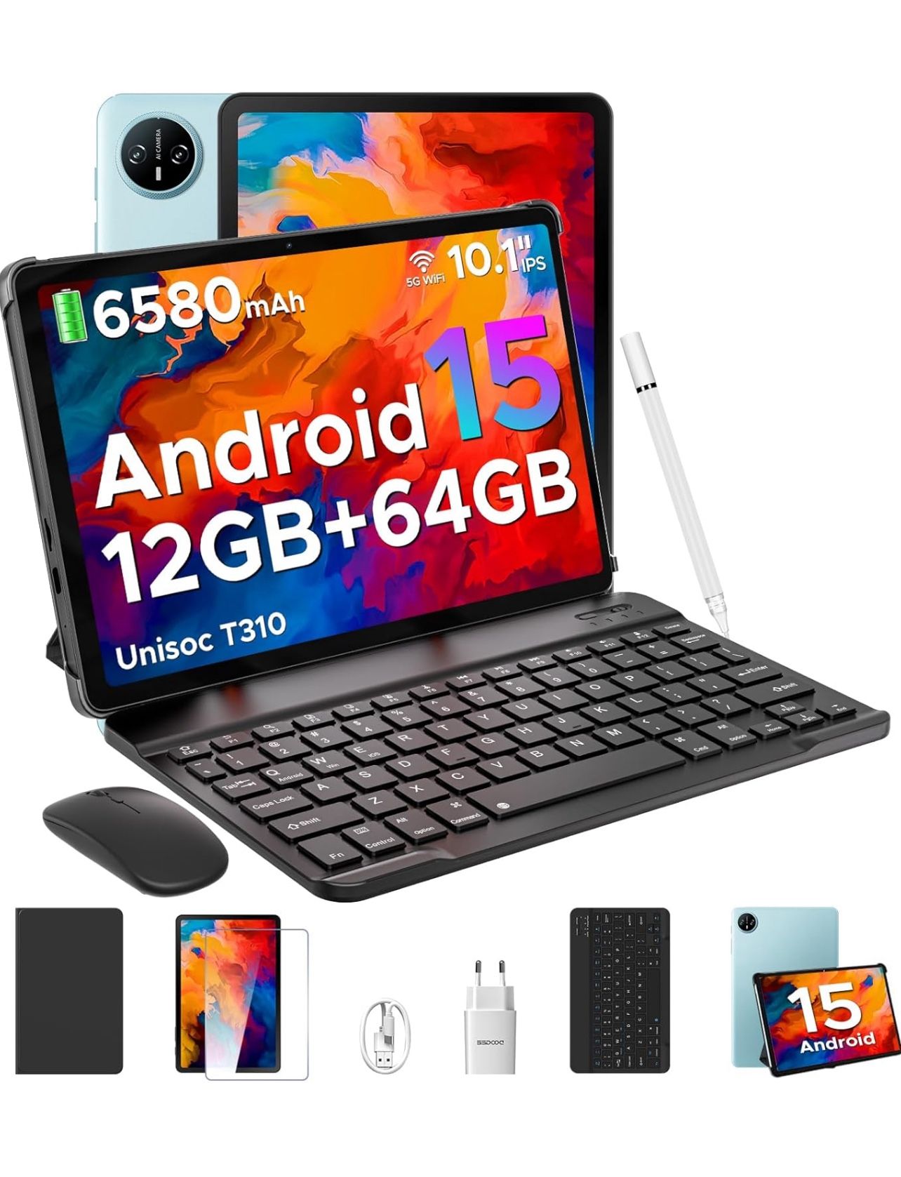 Brandnew Tab A9 10 inch Tablet with Keyboard, Android 15 Tablet 12GB+64GB/2TB Expand, 2.0GHz Quad Core Android Tablets, 6580mAh,1280x800 IPS HD Touchs