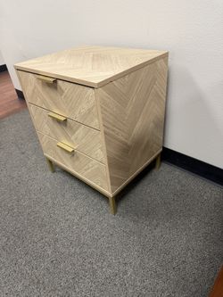 3-Drawer Nightstand — Oak Herringbone, Gold Legs — Like New, Assembled
