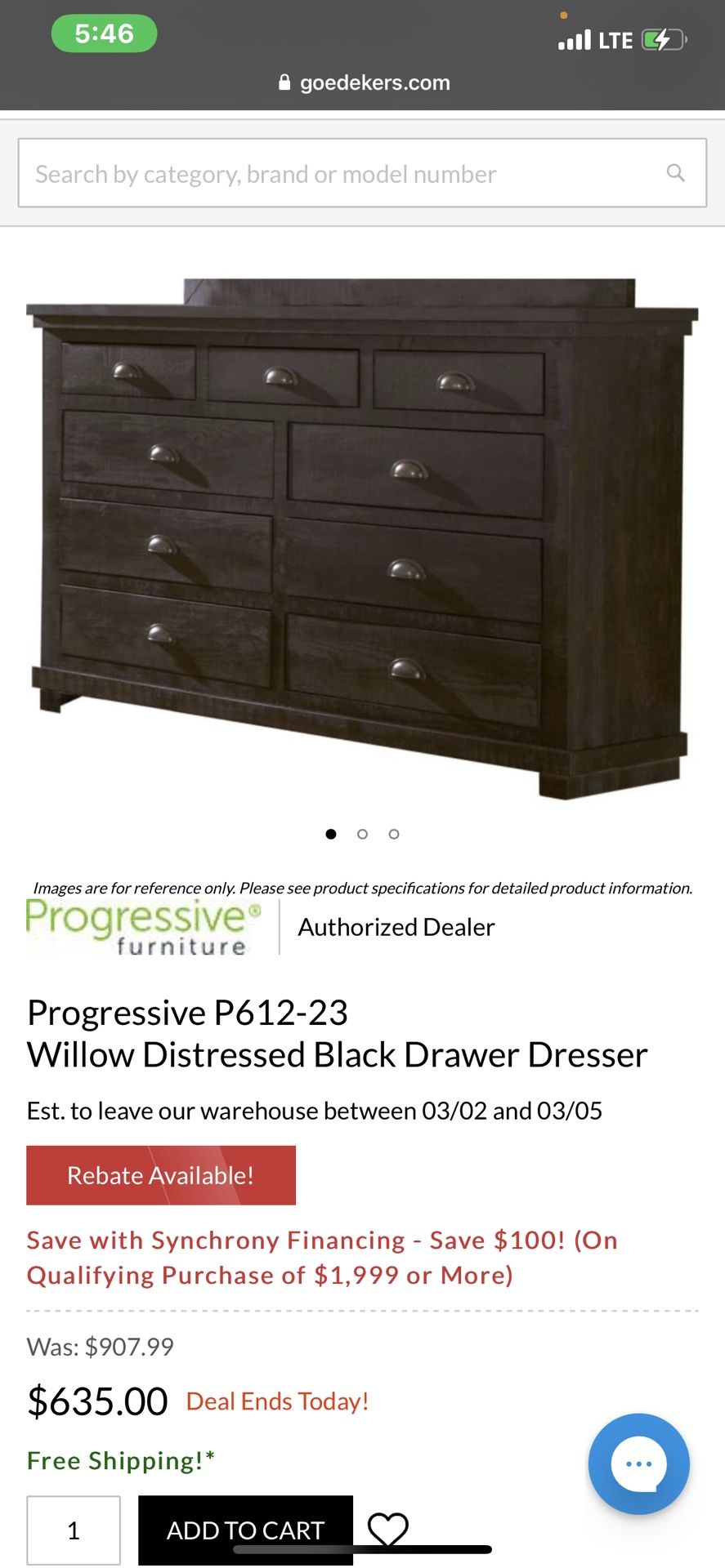 Progressive P612-23 Willow Distressed Black Drawer Dresser