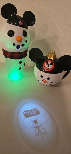 Disney Parks Mickey Mouse Holiday Snowman Light-Up Tumbler & Ornament Mug Lot