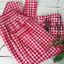 VTG Skirt Apron Smocked Red Gingham Half Black Cross Stitch Folk Couple 