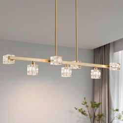45.3" Modern Farmhouse Chandeliers Gold Light Fixtures for Living Room Dining Room Over Table 7 Lights Sputnik Rectangular Kitchen Island Pendant Glas