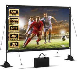 New Sealed-120inch Outdoor Projector Screen with Stand: 16:9 4K HD Portable Projector Screen Outdoor Indoor - Front/Rear Movie Screen with Carry Bag, 