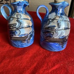5.5 Inch Handmade Hand Painted Blue Ceramic Oil/Vinegar Set With Tray Imported From Greece