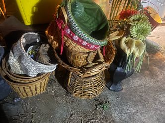 Wicker basket and fake plants