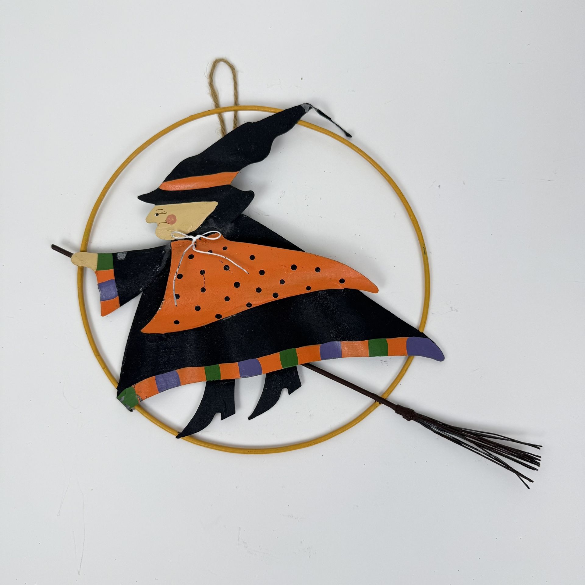 Halloween Witch on Broom Painted Metal Wall Door Hanging