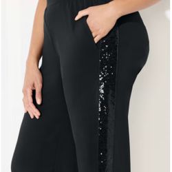 NWT BLACK SEQUIN STRIPED WIDE LEG PANTS WITH POCKETS BY CATHERINES. SIZE 1X