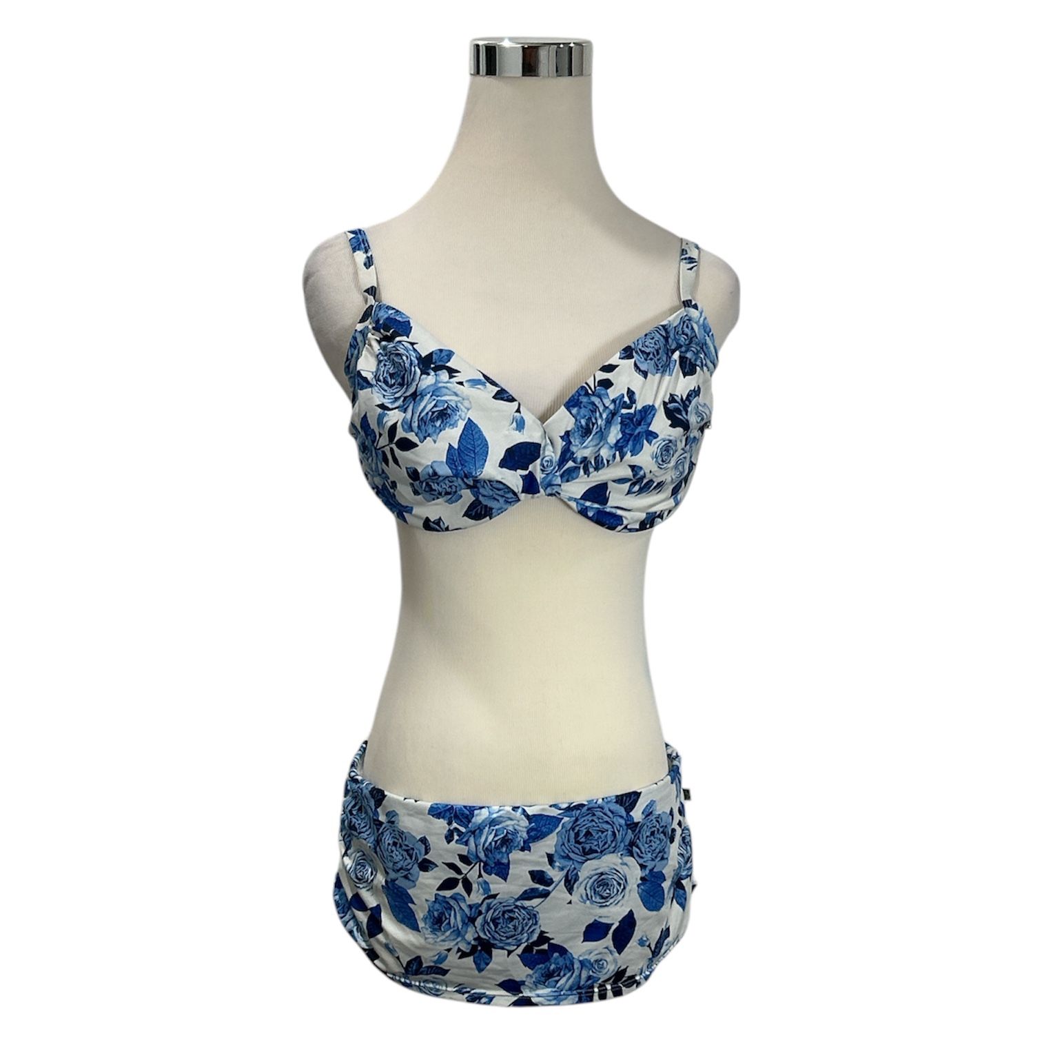 Aqua La Vie En Rose Sz L D Bikini 2 Piece Swimsuit Blue White Floral Halter Top