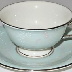 Castleton China, CORSAGE, Turquoise, Pink & White Flowers,  13 Cup & Saucer Set