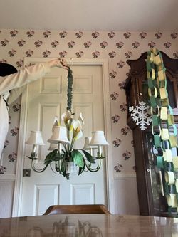 LEMON TOLE Vintage ITALIAN Chandelier Calla Lillie’s Toleware Metal MCM antique