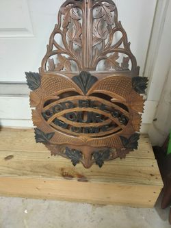 Antique Victorian carved wood god bless our home wall hanging magazine rack