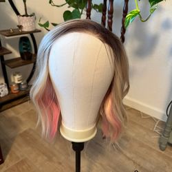 Rooted blonde wig with pink