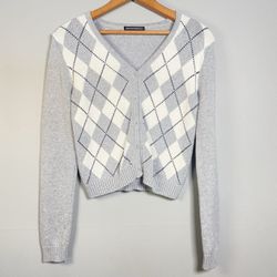 Brandy Melville Women's Cardigan Grey Argyle 100% Cotton V-Neck Cardigan Grandpa