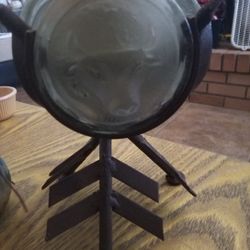 Wrought Iron Raised Buffalo  Head and Arrow Candle  Holder. The Buffalo Head Is On Frosted Glass