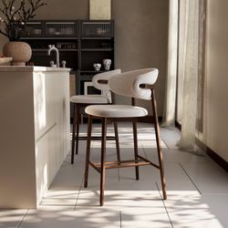 Modern Counter Height Bar Stools, Curved Back Design, Fabric Upholstered, 25.6 inch Seat Height, Set of 2 (Walnut, 25.6 inch) (Walnut, 25.6 inch)