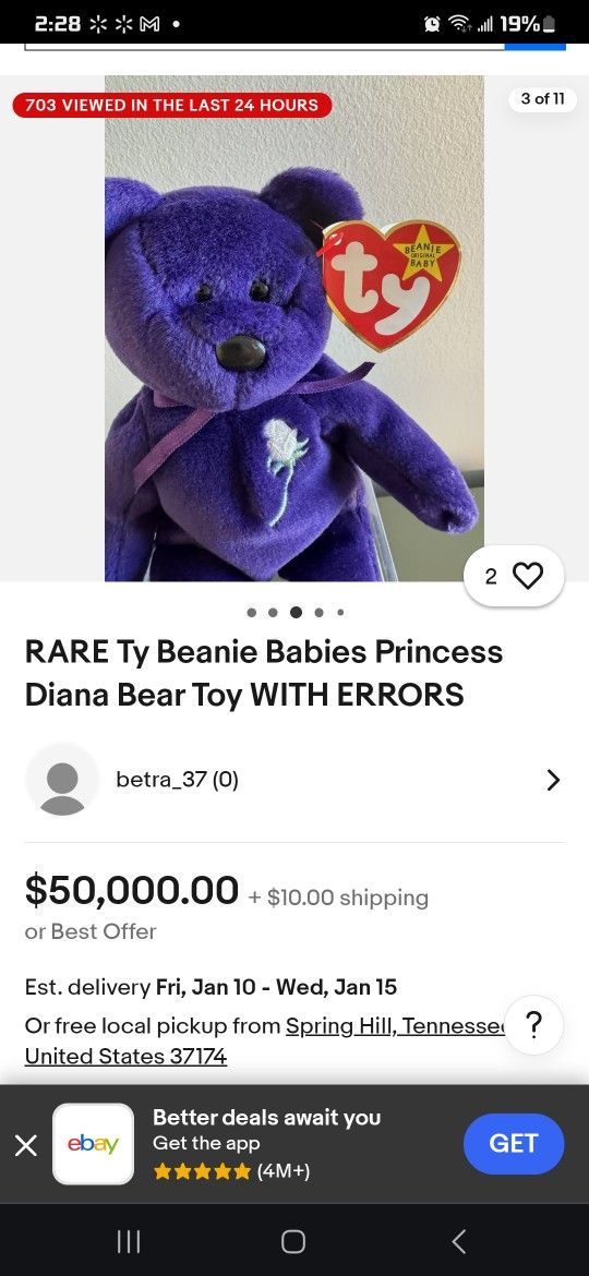 Rare Ty Beanie Baby Princess Diana Bear