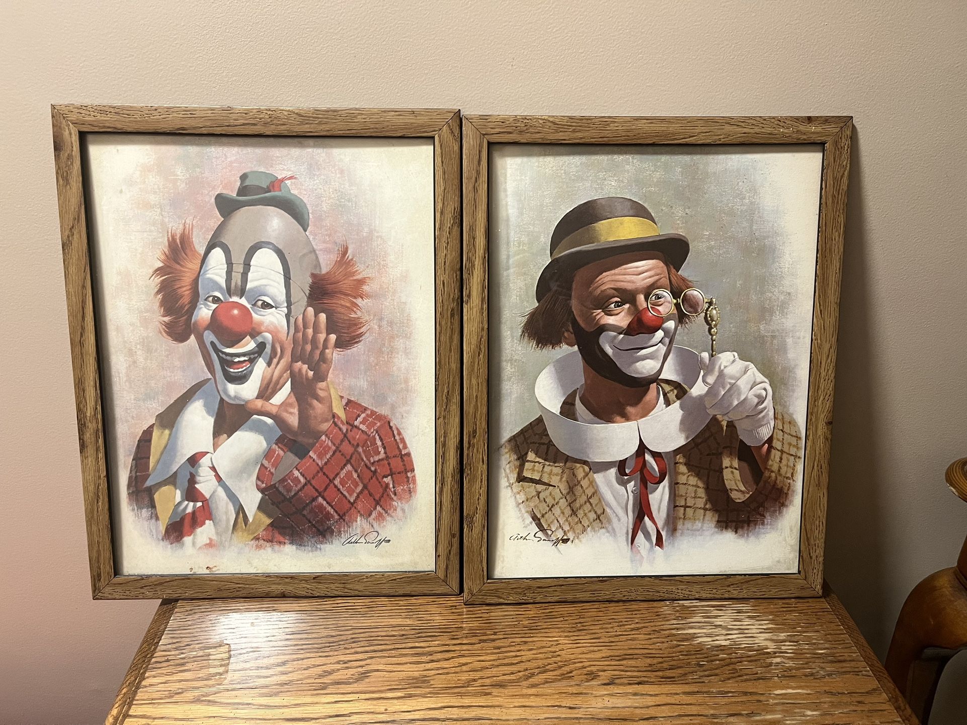 vintage pair of clown art prints 17.5 x 13.5in