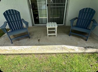 Sundown Blue Adirondack Chairs & White Outdoor End Table