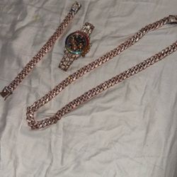 Bustdown rose Gold Watch, Bracelet And Cuban Chain