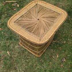 Vintage 1960's 1970's Sun Burst Pattern Rattan Wicker Table Natural Wood Rounded Rectangle Wooden Decorative Patio Outdoor Furniture Bohemian Hippie