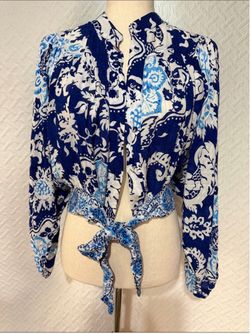 Rachel Zoe Blue & White Paisley Crop Tie-Front Women's Top - Size S