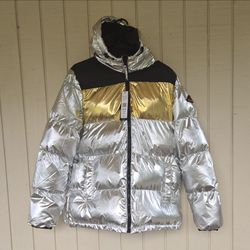Reason Brand Hooded Puffer Coat Zip Silver/Gold/Black Size L