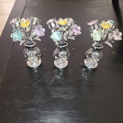 3 CrystalCraft Chrome Plated Flowers Bouquet and Vase w/ Crystals,Decoration