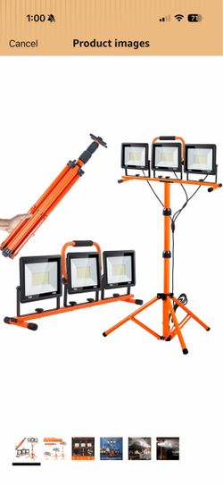 Work Lights with Stand, 3 Head Portable LED Work Light, with Adjustable&Foldable Tripod Stand, IP66 Waterproof Lamp for Outdoor Indoor Job Site Worksh