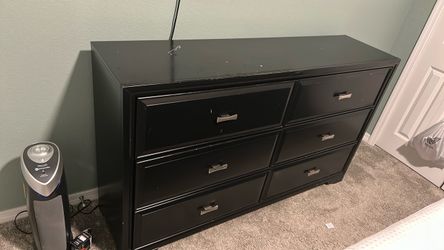 Black 6-Drawer Dresser with Silver Handles and matching side table
